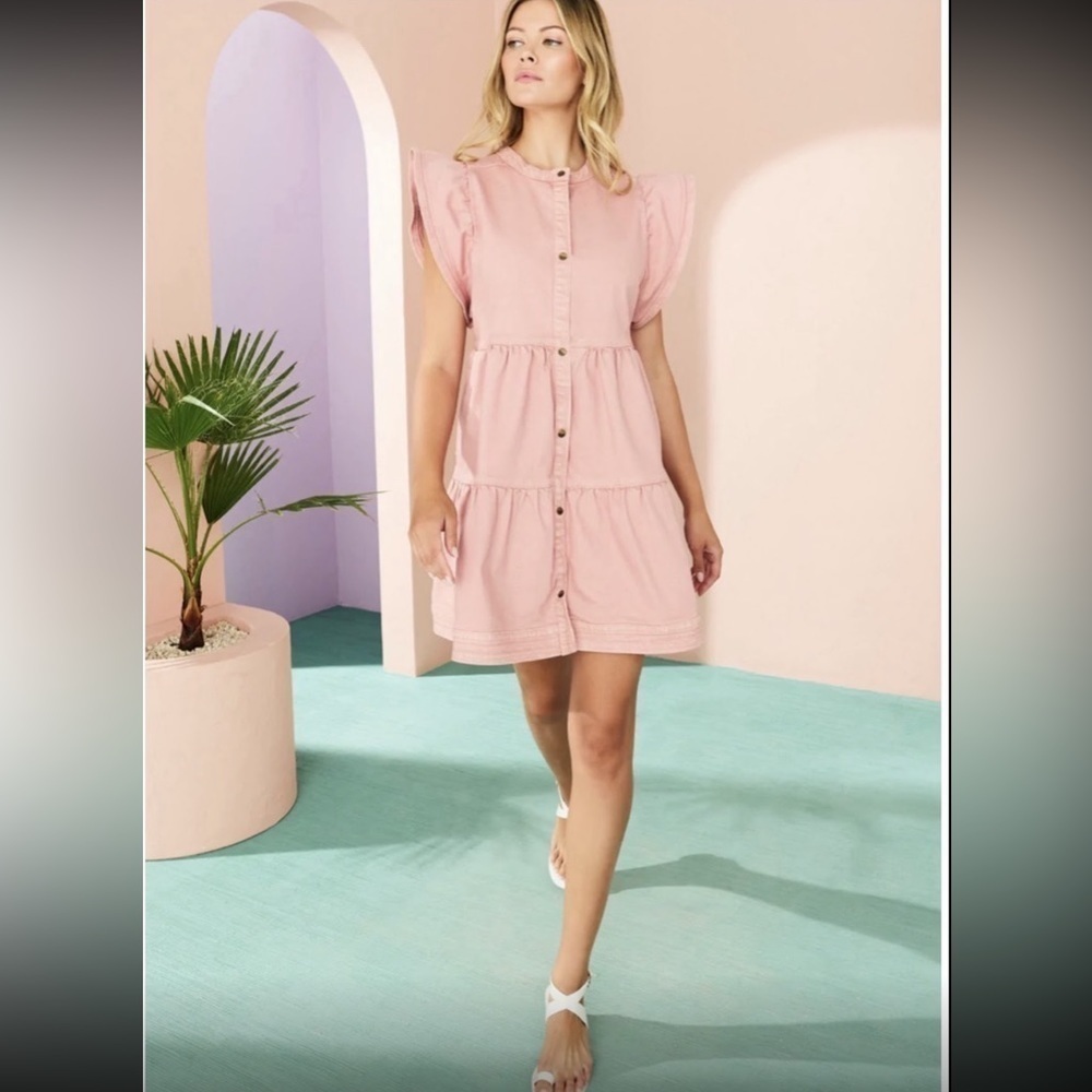 NWT Marie Oliver Pink Conch Shell Neelie Denim Button-Front Ruffle Dress